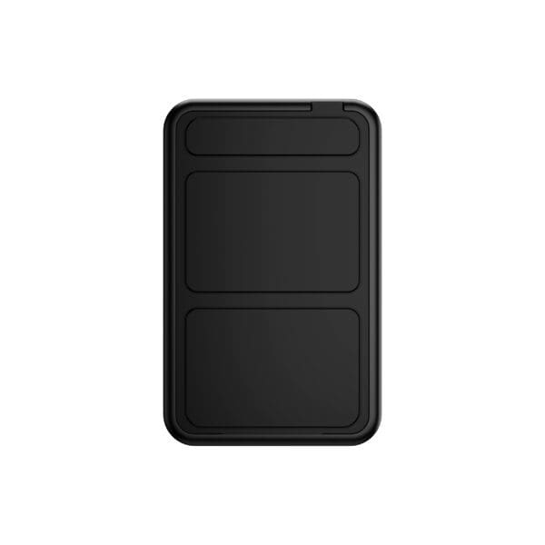 Black portable battery pack with two charging sections, viewed from the top on a white background.