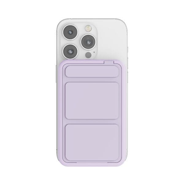 A white smartphone with a purple card holder case and triple-lens camera.