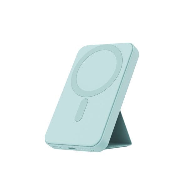 Light blue wireless charging stand isolated on a white background.