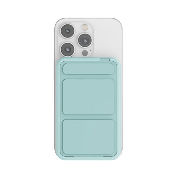White smartphone with a triple-camera system in a light blue silicone case with card slots on the back.