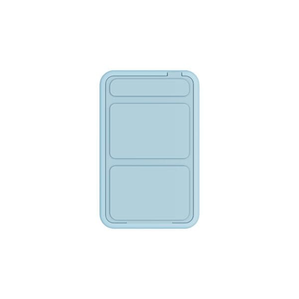 Illustration of a light blue, minimalistic smartphone with a simplified interface showing three blank screen sections.