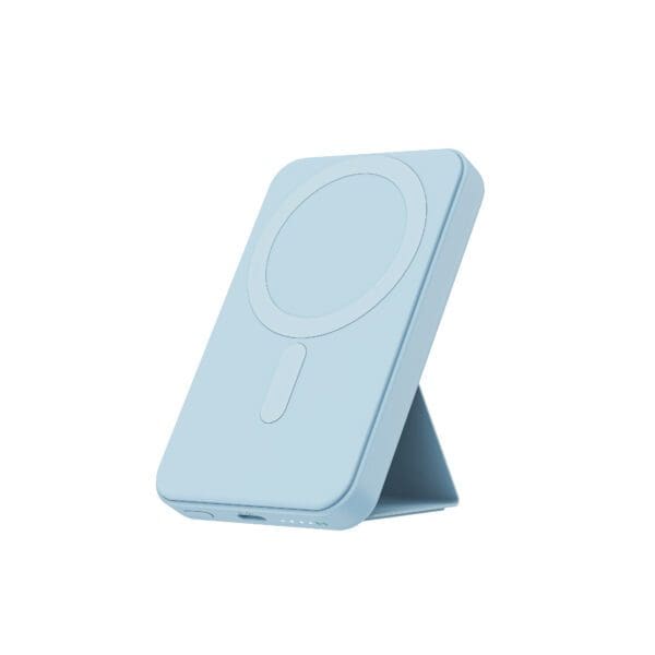 Blue wireless charging stand with a circular charging pad, designed for smartphones, isolated on a white background.
