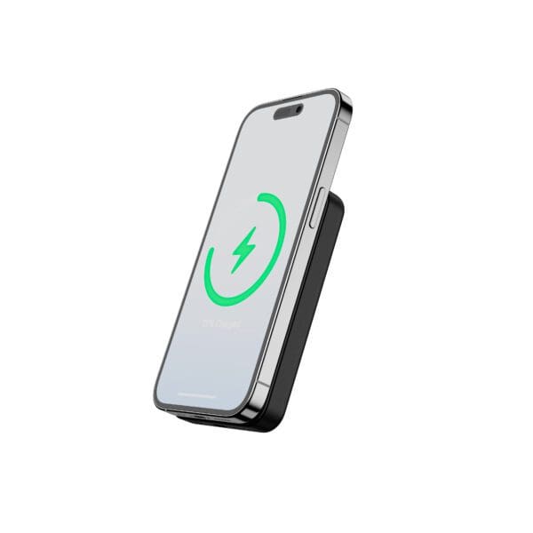 Smartphone on a wireless charging stand indicating 75% charged with a green lightning bolt icon on the screen.