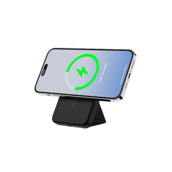 Smartphone on a black stand displaying a battery charging icon with 75% charged, isolated on a white background.