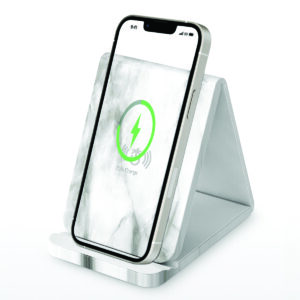 A Marble - Folding Leather Wireless Charging Stand displaying a charging symbol and "75% charge" on its screen, set against a minimalist white background.