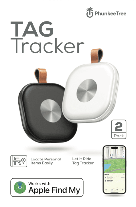 Advertisement for Tag Tracker (2 Pack), a 2-pack of personal item locators compatible with Apple Find My network, displayed in white and black with smartphone app illustration.