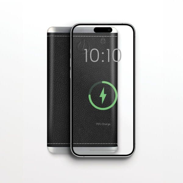 Smartphone on a Black - Leather 5K Wireless Charging Power Bank displaying the time "10:10" and battery status "76% charged" on the screen.