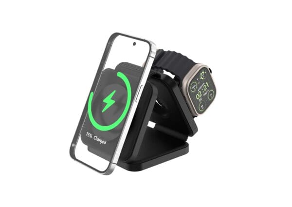 A smartphone and smartwatch charging on a dual wireless charger with visible battery status on the phone's screen.