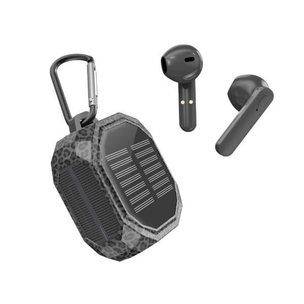 Solar-powered portable speaker with carabiner and two Solar Wireless Earbuds, all in black with leopard print on speaker.