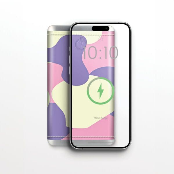 Two smartphones showing colorful abstract wallpapers; one displaying the time and battery level on its lock screen, alongside a Grey - Leather 5K Wireless Charging Power Bank.