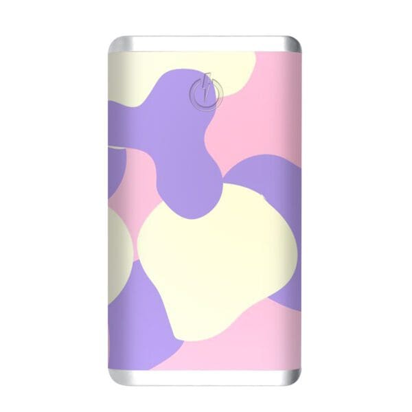 A Grey - Leather 5K Wireless Charging Power Bank with a pastel abstract design in purple, yellow, and grey colors with a minimalistic appeal.