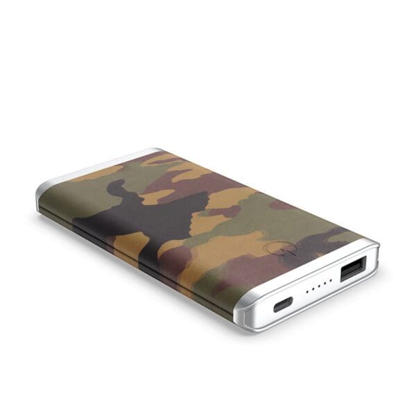 Grey - Leather 5K Wireless Charging Power Bank with a camouflage design, featuring wireless charging and USB ports on one end, displayed on a white background.