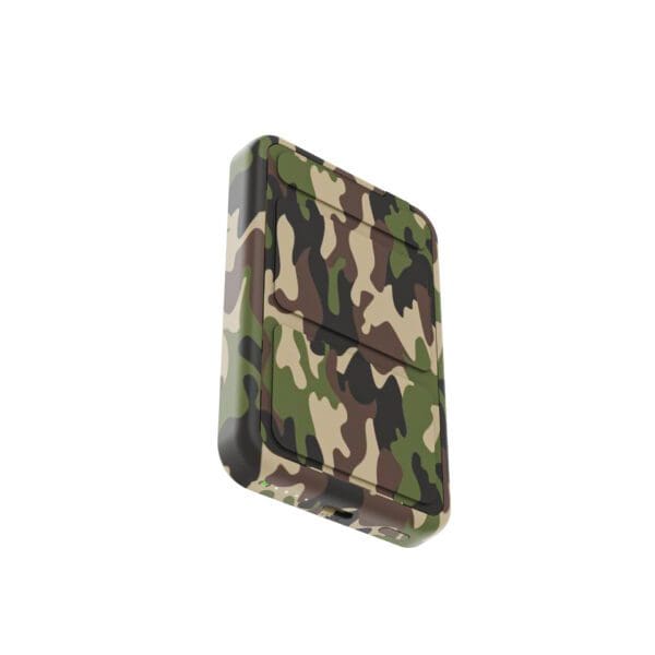 Design Magnetic Wireless Charging Power Banks with Stand with a camouflage pattern, viewed from the side, isolated on a white background.