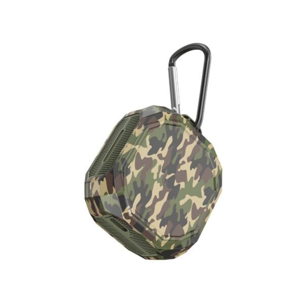 A Solar Wireless Earbuds in a camouflage design attached to a black carabiner.