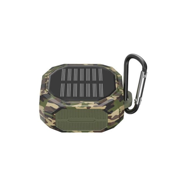Portable solar-powered Solar Wireless Earbuds with a camouflage pattern and attached carabiner, isolated on a white background.