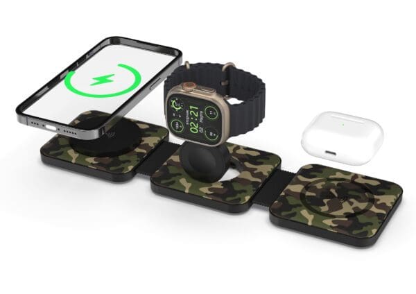 Tri Fold Charging Station with USB C Adapter with a smartphone, smartwatch, and earbuds on camouflage mats, all displayed charging with battery indicators.