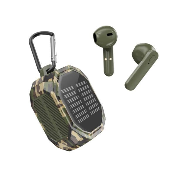 Portable camouflage Solar Wireless Earbuds with carabiner clip beside two wireless earbuds on a white background.