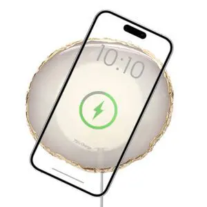 Wireless Charging Crystal Pads displaying a charging icon on its screen, overlaid on a background image of a round, beige woven mat.