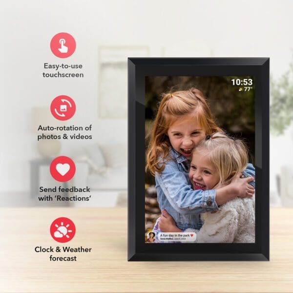 Digital Picture & Video Frame displaying an image of two young children hugging and smiling, with icons describing features such as touchscreen, auto-rotation, reactions, and clock/weather forecast.