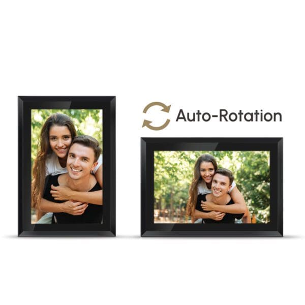 Sentence with Product Name: Two Digital Picture & Video Frames displaying the same image of a smiling couple, one frame in portrait orientation and the other in landscape, showcasing the auto-rotation feature.