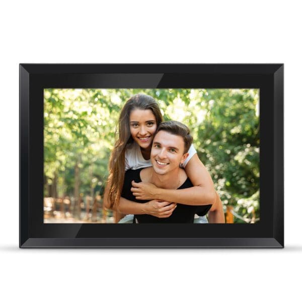 A Digital Picture & Video Frame of a smiling young couple piggybacking in a park.