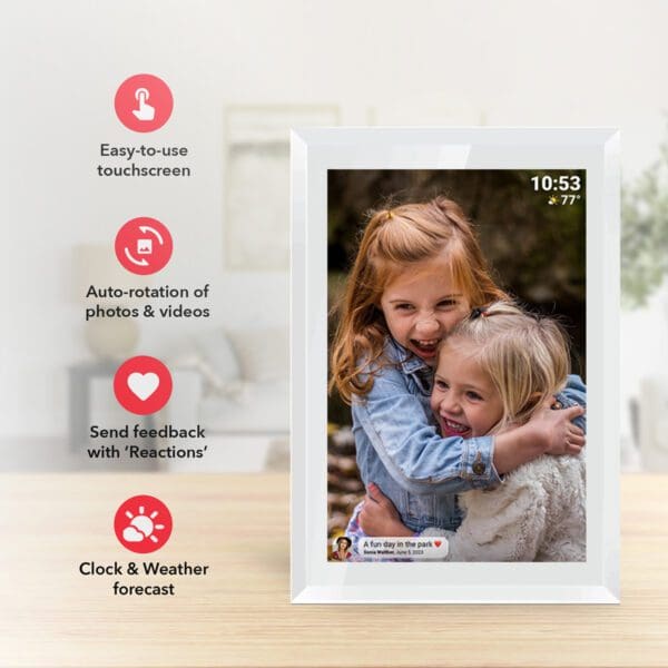 Digital Picture and Video Frame displaying an image of two young girls hugging and smiling, with icons depicting frame features like touchscreen and weather forecast.