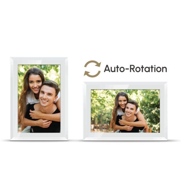 Sentence with replacement: Two Digital Picture & Video Frames displaying the same image of a smiling woman piggybacking on a man, labeled with "auto-rotation" to indicate the feature.