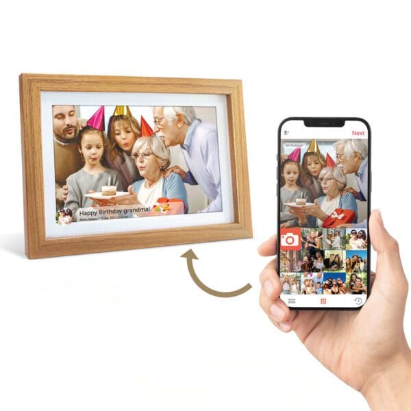 A hand holding a smartphone displaying an app interface for syncing photos next to a **Digital Picture & Video Frame** showing a family celebrating an elderly woman's birthday.
