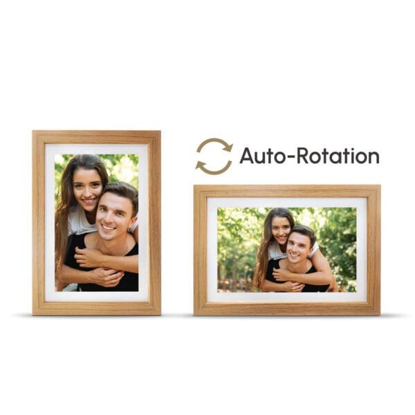 Two Framed Digital Picture & Video Frames showing a smiling man and woman hugging, with a feature label indicating auto-rotation between portrait and landscape orientations, controllable via an app.