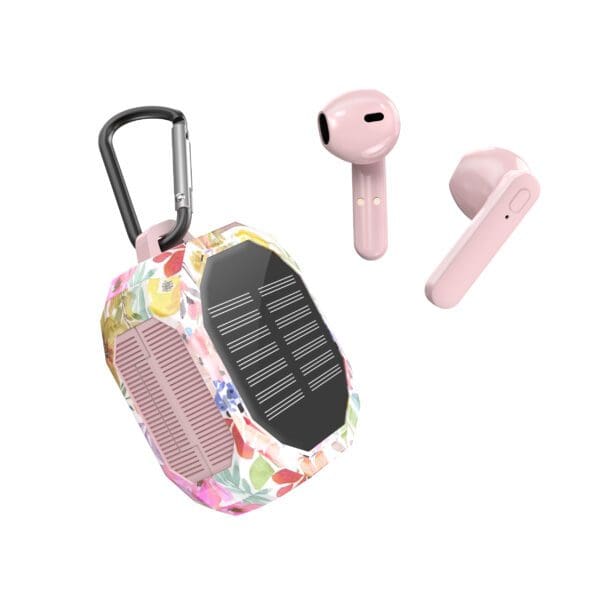 Pink Solar Wireless Earbuds next to a matching portable solar charger with a floral design and carabiner clip.