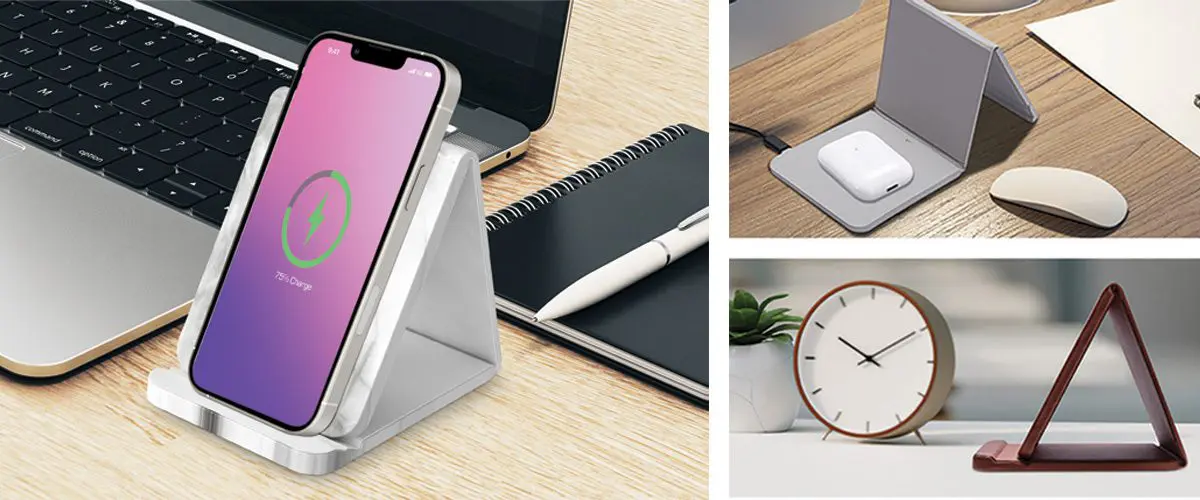A collage of office accessories including a smartphone in a charging stand, a portable laptop stand, a minimalist clock, and a triangular smartphone holder.