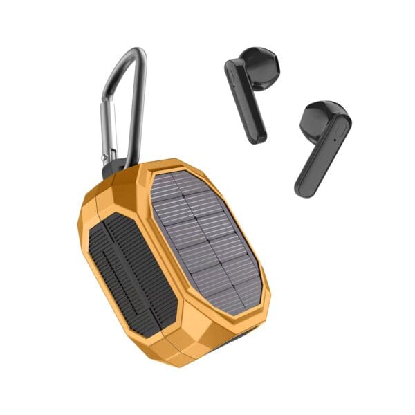 Solar Wireless Earbuds in gold with a carabiner clip, accompanied by two black wireless earbuds.
