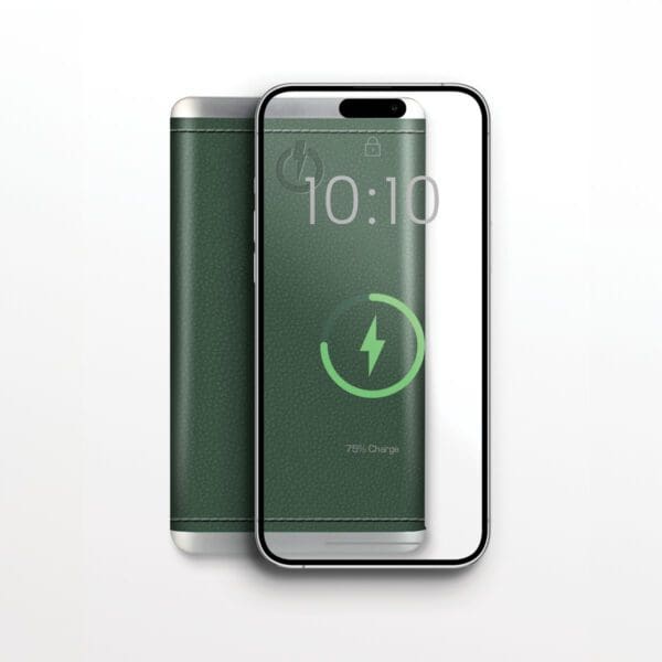 Grey - Leather 5K Wireless Charging Power Bank with grey leather case, displaying a charging symbol and the time "10:10" on the locked screen, set against a plain white background.