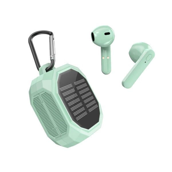 A pair of mint green Solar Wireless Earbuds alongside a matching solar-powered portable speaker with a carabiner.