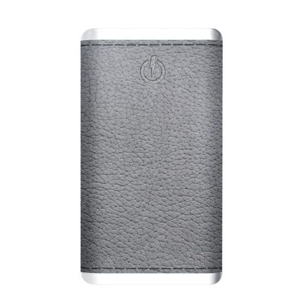 Grey Leather 5K Wireless Charging Power Bank with a textured surface and a power button at the top.