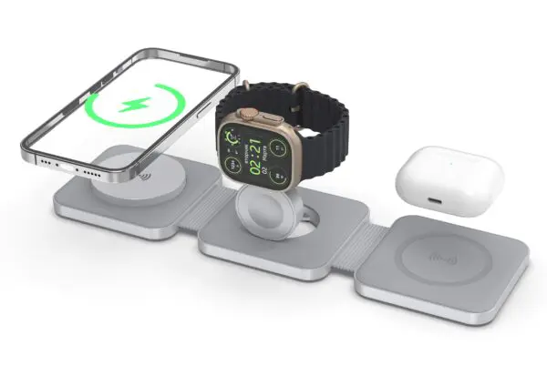 A smartphone, smartwatch, and wireless earbuds charging on a Tri Fold Charging Station with USB C Adapter against a white background.