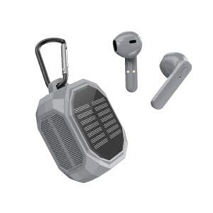 A pair of Solar Wireless Earbuds next to a gray solar-powered portable speaker with a carabiner.