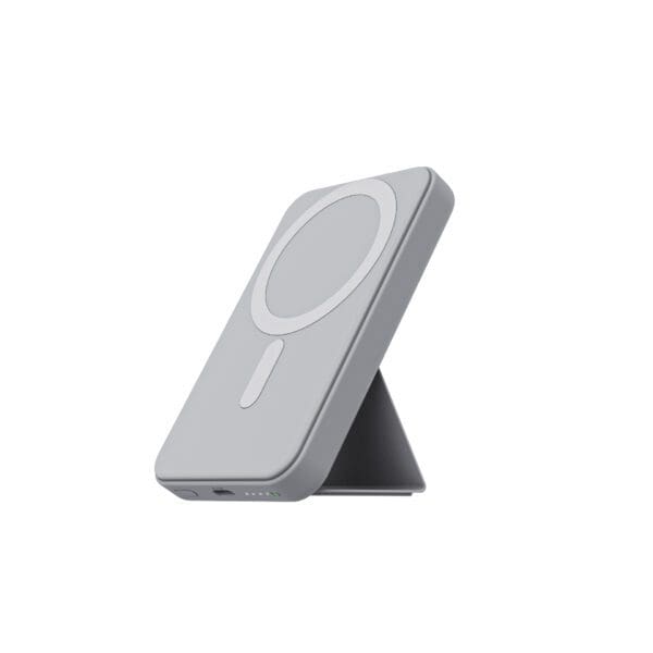 A gray wireless charging stand with a circular charging pad and an adjustable angle, isolated on a white background.
