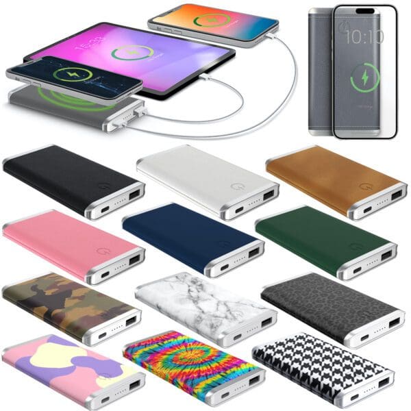 Collection of various Leather Wireless Charging Power Banks, in different colors and designs connected to smartphones, showcasing diverse styles and capacities.