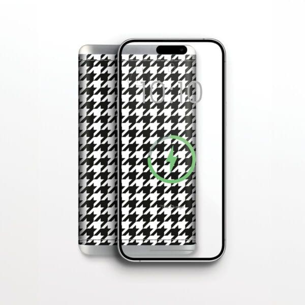 Two smartphones with houndstooth pattern wallpapers, one overlapping the other, against a Grey - Leather 5K Wireless Charging Power Bank background.