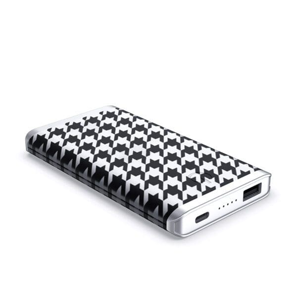 Grey - Leather 5K Wireless Charging Power Bank with a houndstooth pattern, featuring USB ports on one end, isolated on a white background.