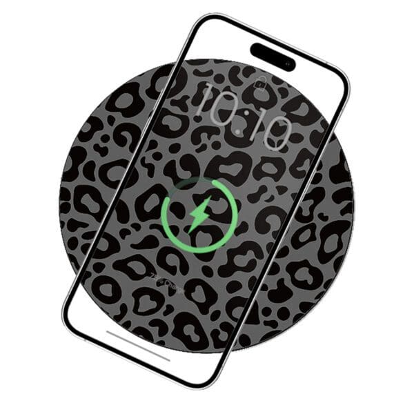 Sentence with product name: Phone with a Black Leopard - Wireless Charging Leather Pad background theme displayed, featuring a prominent green checkmark at the center.