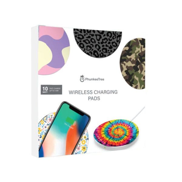 Box packaging of Black Leopard wireless charging pads with assorted designs including leopard print and tie-dye visible on the pads.
