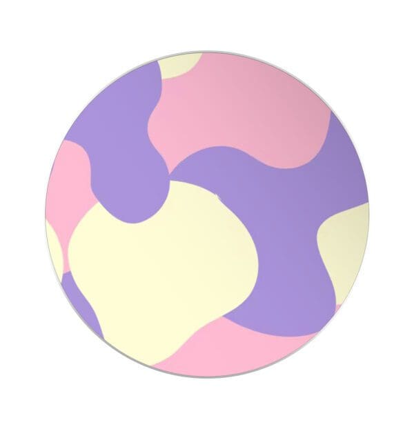Round badge with a pastel abstract design featuring soft, flowing shapes in shades of pink, purple, and yellow.