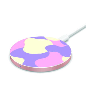 A Bubble Camo wireless charging pad with a pink, purple, and yellow abstract design, isolated on a white background.