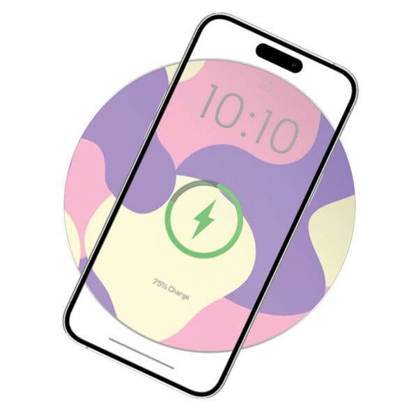 Bubble Camo - Wireless Charging Leather Pad displaying a colorful abstract wallpaper with a charging symbol at 75% and the time reading 10:10.