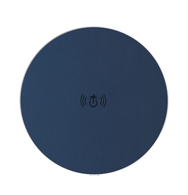 Navy circular wireless charging pad with a central power symbol, viewed from above on a white background.