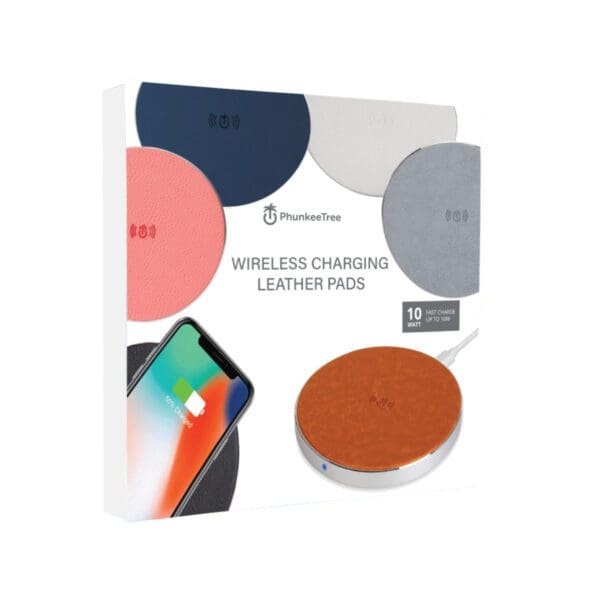 Product packaging for Navy - Wireless Charging Leather Pads, showing a smartphone charging on a navy pad and additional color options.
