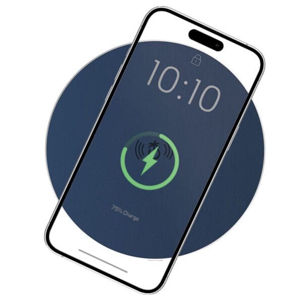 A smartphone on a Navy - Wireless Charging Leather Pad displaying the time "10:10" and a charging symbol on the screen.
