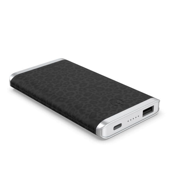 Grey Leather 5K Wireless Charging Power Bank with a textured surface and usb ports, displayed on a white background.